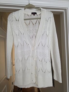 take out White Open-Weave Button Front Cardigan